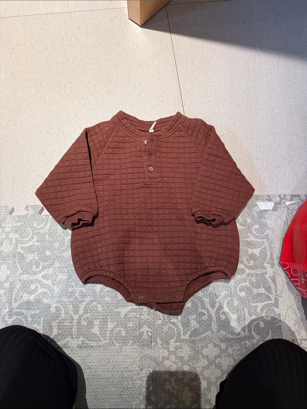 Quincy Mae Brown Waffle Long-Sleeve Snap Bubble Romper